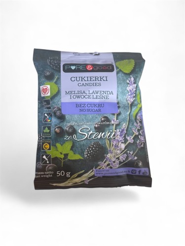 Przejdź do produktu Cukierki z melisą, lawendą i owocami leśnymi bez cukru 50g Pure&Good