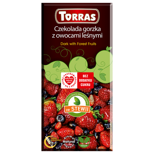Przejdź do produktu Czekolada gorzka z owocami leśnymi ze stewią 125g - Torras