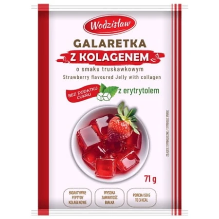 Galaretka o smaku truskawkowym z dodatkiem hydrolizowanego kolagenu Wodzisław 71g.jpg