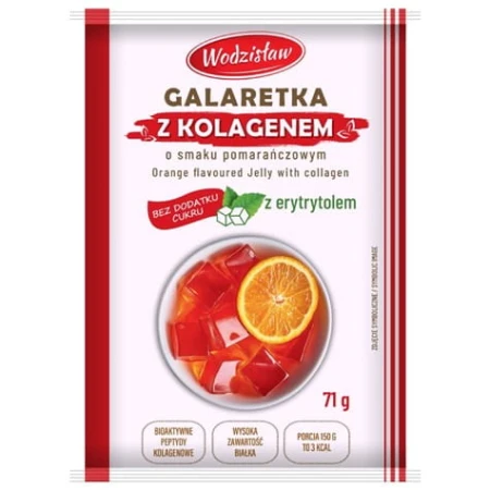 Galaretka o smaku pomarańczowym z dodatkiem hydrolizowanego kolagenu Wodzisław 71g.jpg