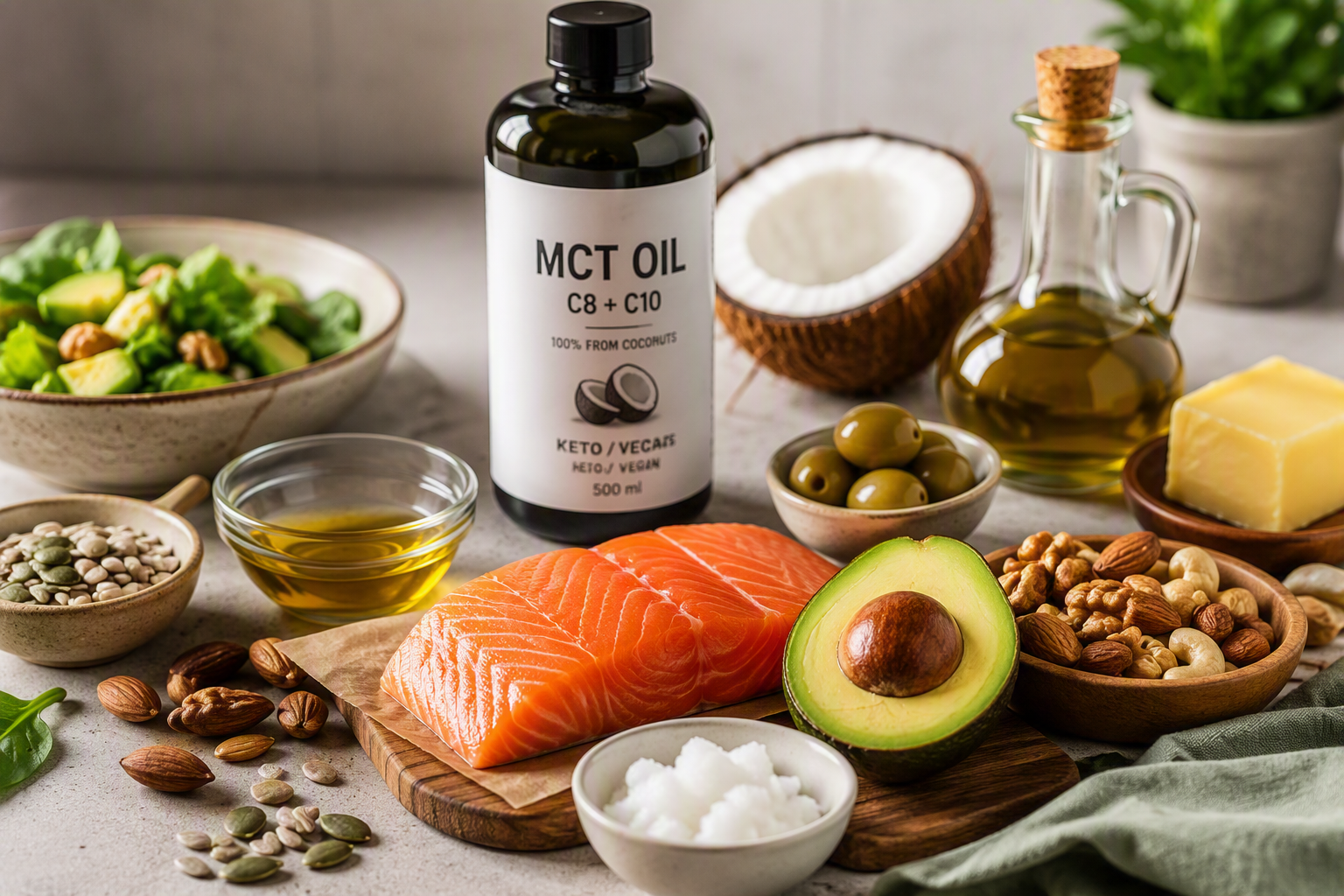 Keto tłuszcze w praktyce — oliwa, MCT, masło klarowane, awokado i orzechy